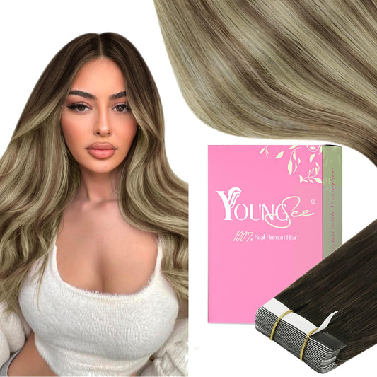 YoungSee Tape in Hair Extensions Real Human Hair Balayage Brown Tape in Hair Extensions Ombre Dark Brown to Brown with Blonde Tape in Extensions for Beginners 12Inch 20pcs 30g Hair Extensions Tape in