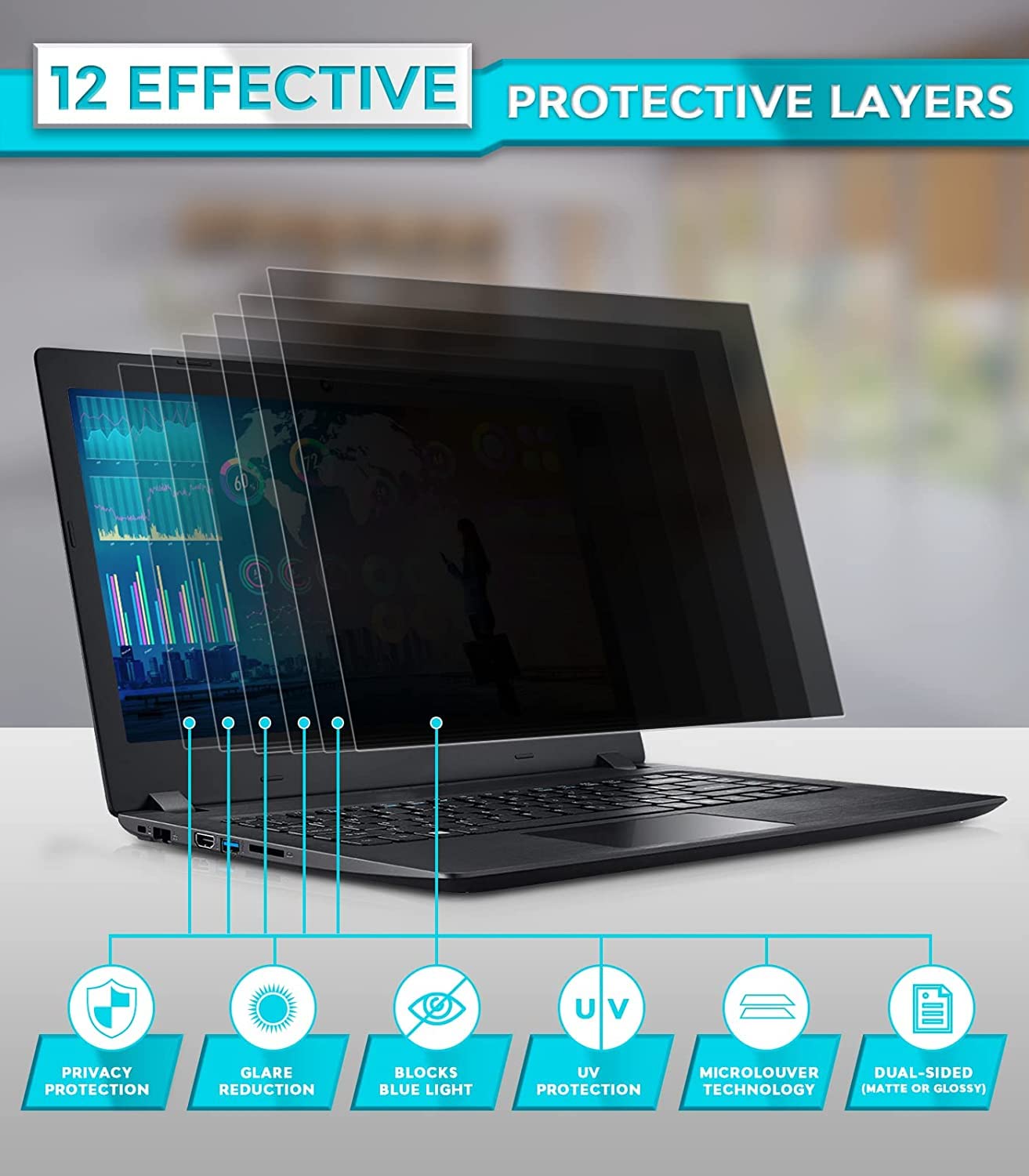 15.6 inch Laptop Privacy Screen , Anti-Spy,Laptop Privacy Screen Compatible with HP Pavilion/HP Envy/Asus/Acer/Toshiba Screen Protector for 15.6" with 16:9 Aspect Ratio Laptop，Anti-Glare/Anti Scratch laptop 15.6 inch Black