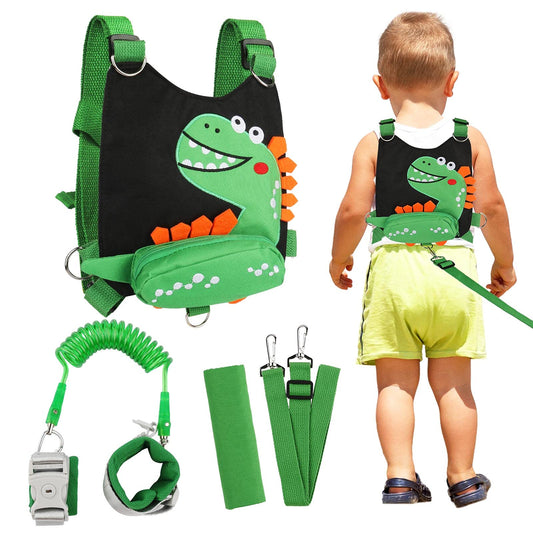 Toddler Backpack Leash Dinosaur 4-in-1 Anti Lost Wrist Link with Lock Harness Leashes for Kids, Zhiwei Child Safety Leash Wristband Walking Assistant Strap Belt for Baby Boys Girls (Black) black