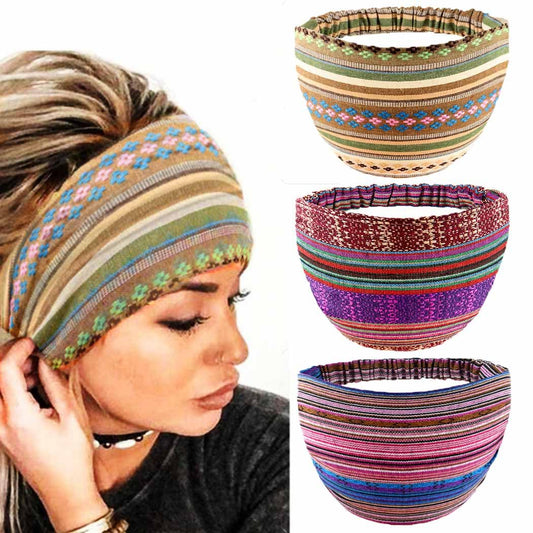 Zoestar Boho Wide Headbands Yoga Striple Head Wraps Vintage Turban Bandeau Head Scarfs Stretchy Stylish Hair Bands for Women and Girls(Pack of 3) (C) C