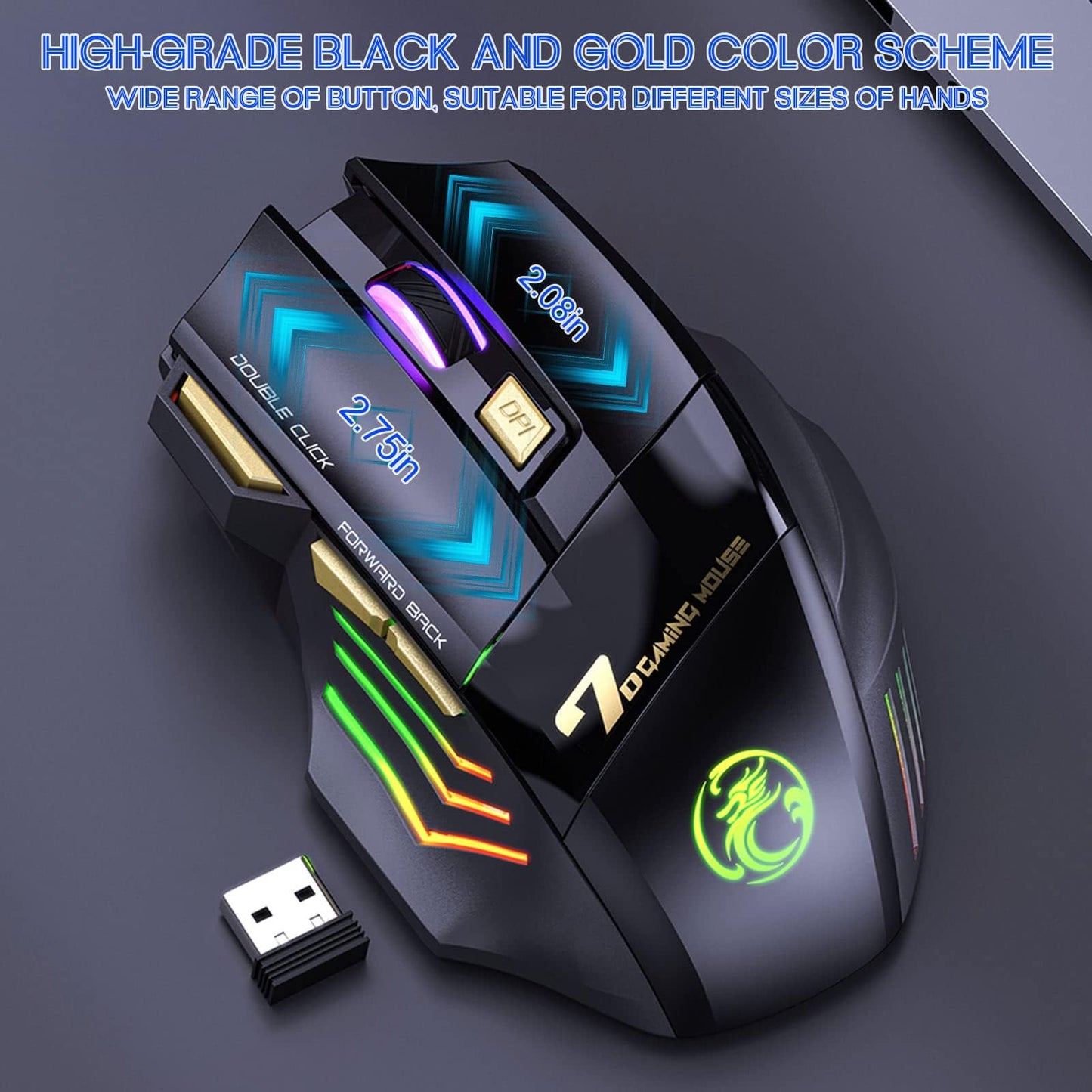 VEGCOO Wireless Gaming Mouse, C8 Rechargeable Silent Click Wireless Mouse with 2.4G USB Receiver, up to 4800 DPI Adjustable, Double Click for PC/Mac Gamer, Laptop and Desktop C26N