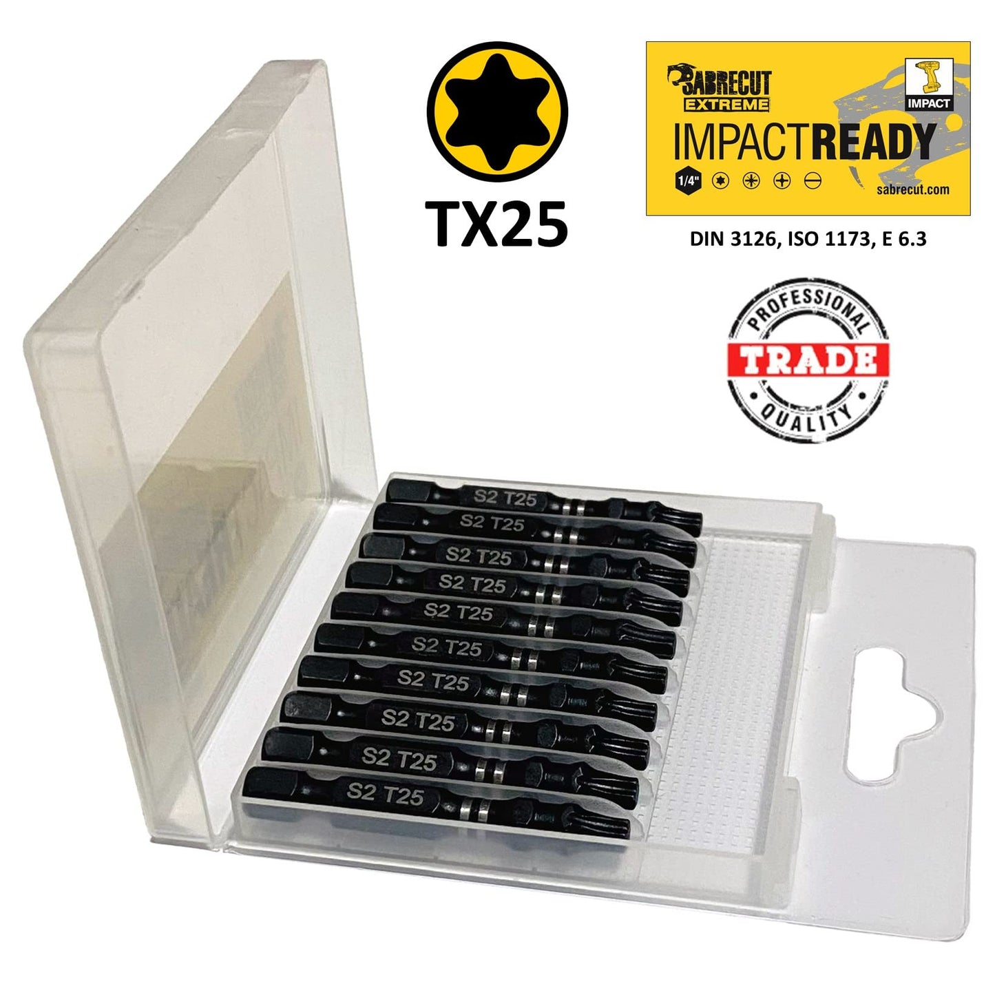 10 x SabreCut SCTX2550_10 50mm TX25 T25 Impact Screwdriver Driver Bits Set Single Ended Torx Heavy Duty Including Storage Box