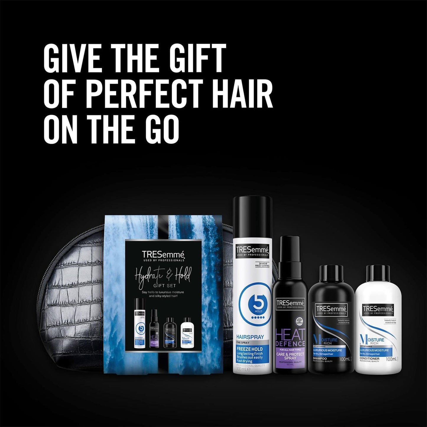 TRESemmé Perfect Hair On-The-Go including Freeze Hold Hairspray with a small faux croc black wash bag Festive Gift Set for Women 4 piece