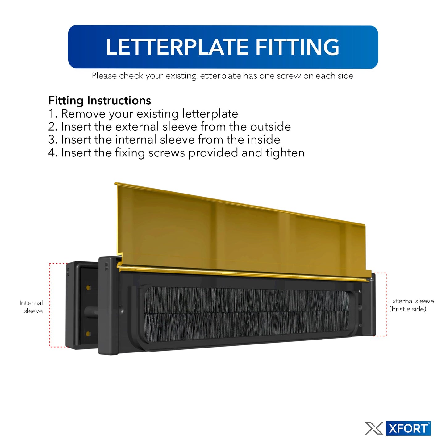 Xfort MailPlate 12" Letterplate Satin Brass, Premium Draught Proof Postal Letterbox, Telescopic Sleeved Letter Box for uPVC Doors with 20-40mm Door Thickness. Satin Brass / Black