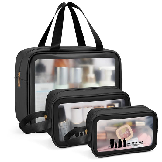 Toiletry Bag MAANGE 3 PCS Clear Travel Toiletries Bag Wash Bag Translucent PVC Waterproof Makeup Bag with Zipper Toiletry Bags for Women Men(Black) 3 Pcs-black