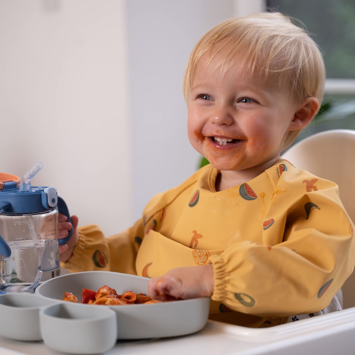 ÜneeQbaby Waterproof Baby and Toddler Bibs - Pack of 2, Long Sleeve Oeko-TEX for Feeding and Messy Play with Chest Pocket, Coverall Mock Small (6-18 Months) Yellow Fruits, off white Sweets