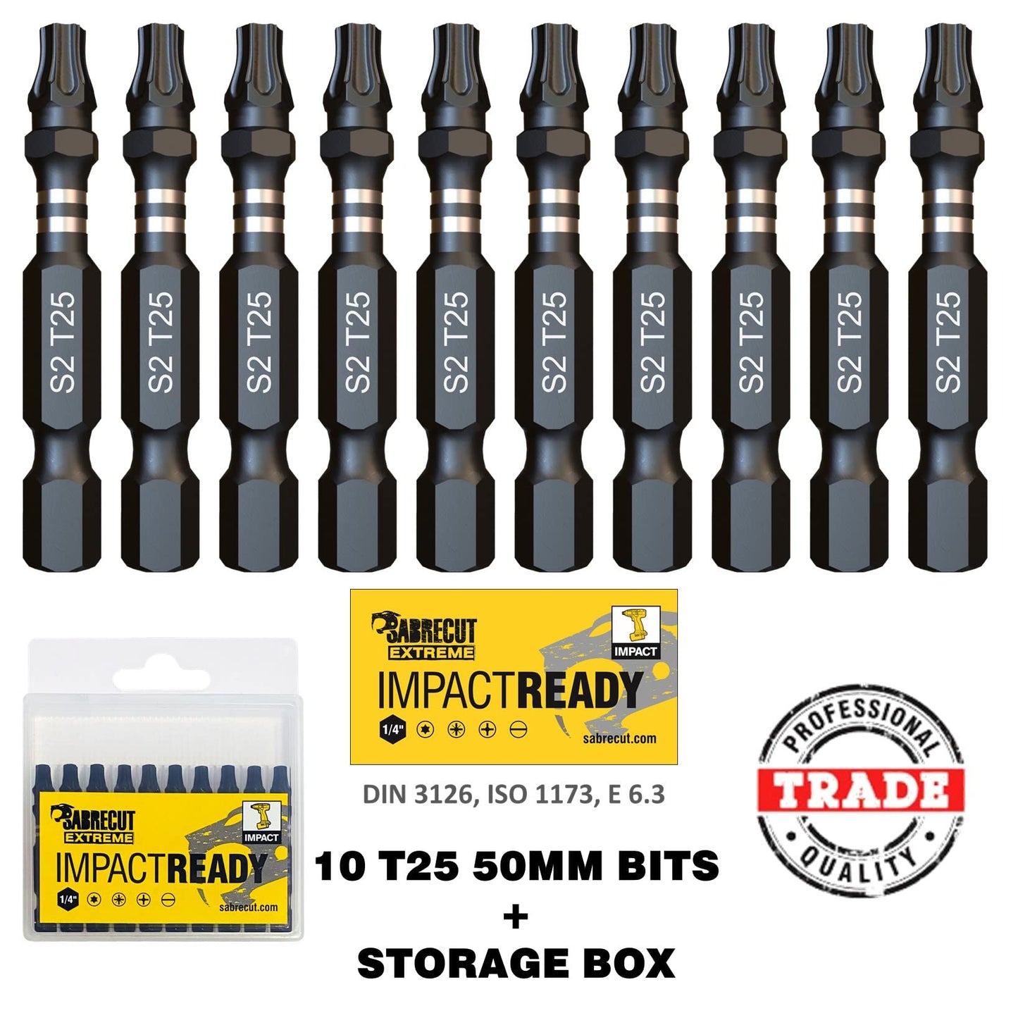 10 x SabreCut SCTX2550_10 50mm TX25 T25 Impact Screwdriver Driver Bits Set Single Ended Torx Heavy Duty Including Storage Box