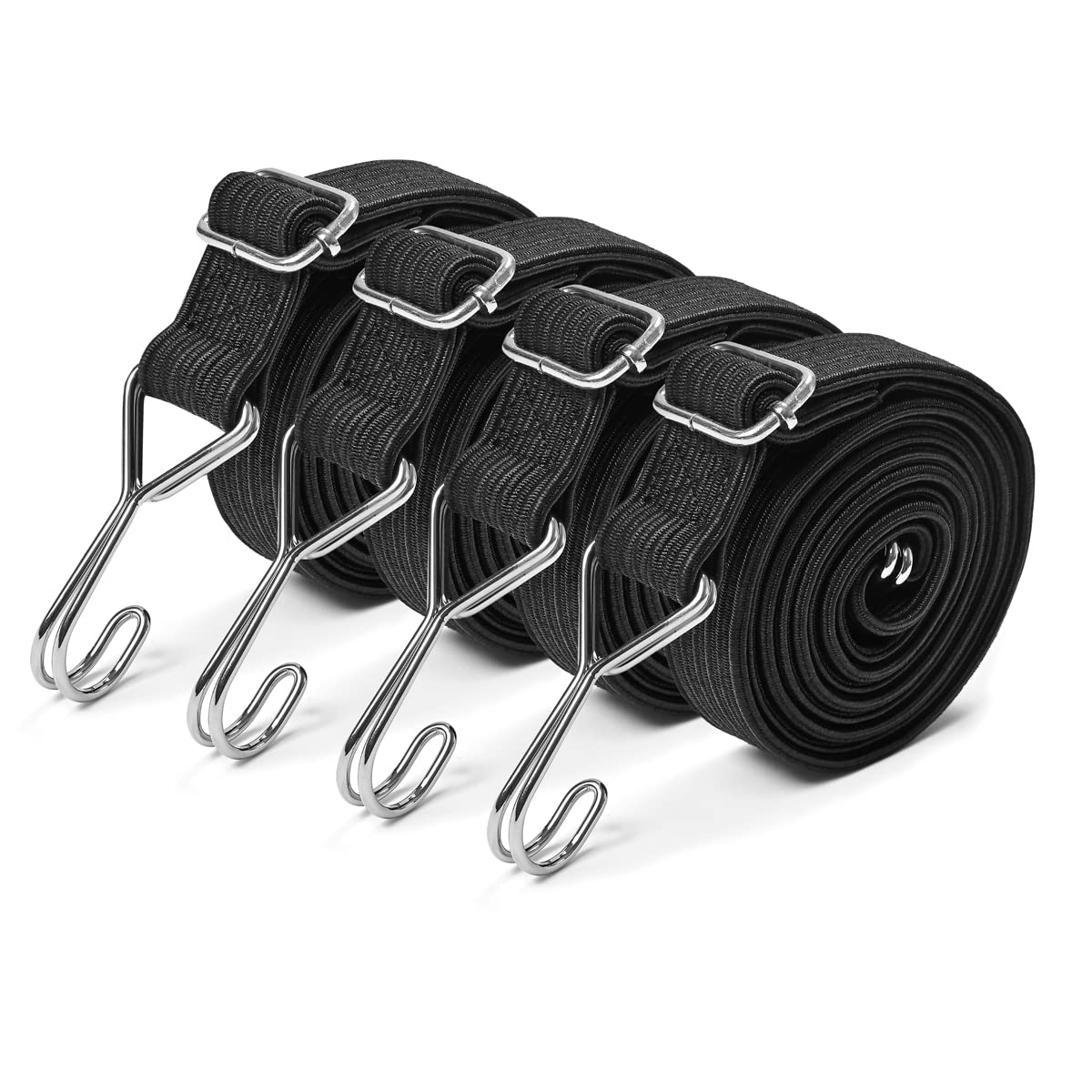 Yorkmills Bungee Cords with Hooks, 4 Pack 2M Heavy Duty Extra Strong Rubber Elastic Straps Adjustable Flat Elasticity Rope Set with Metal Buckle for Bike Luggage Racks Camping Gardening Clothesline Black 200cm(80inch)