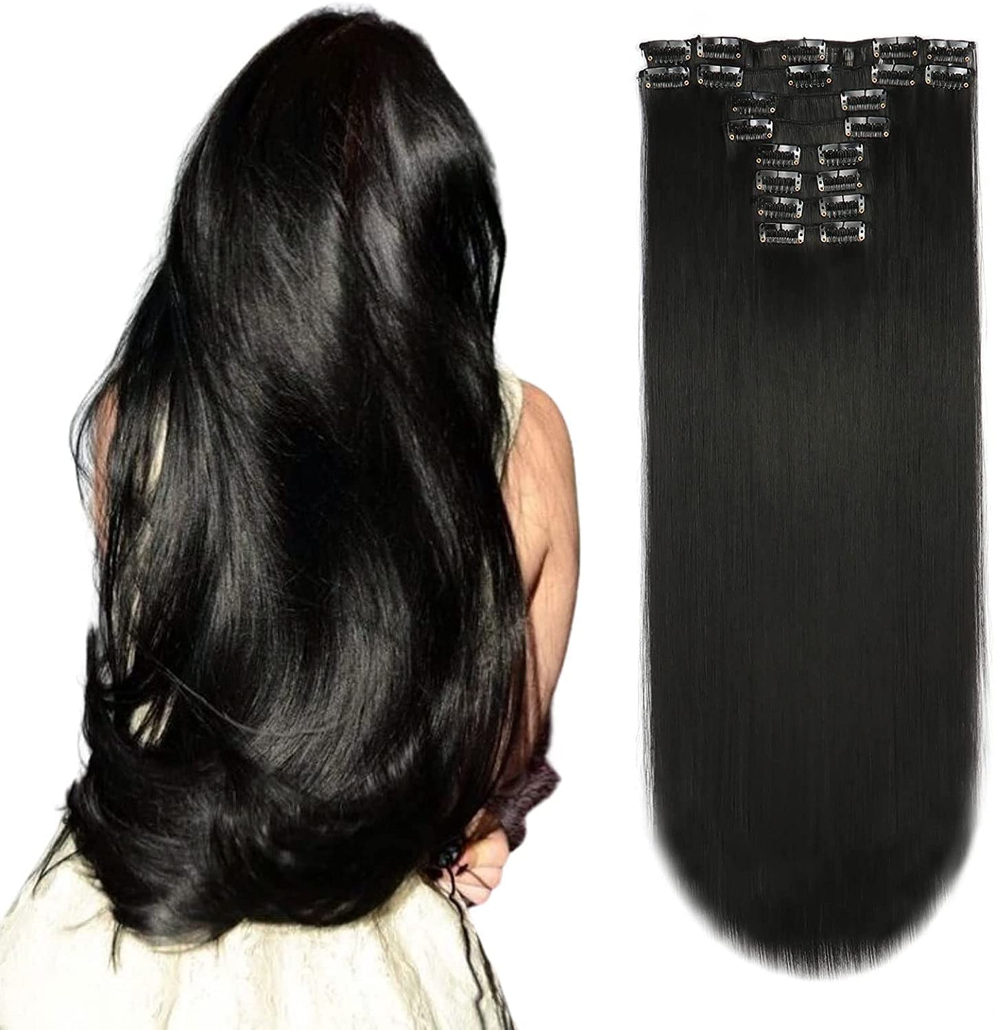 22" Long Straight Clip in Hair Extensions, 180 Gram 12PCS Hair Extensions Synthetic Fiber Full Head Natural Black Clip on Double Weft Hairpieces for Women 180g-22inch-straight #1B Natural Black