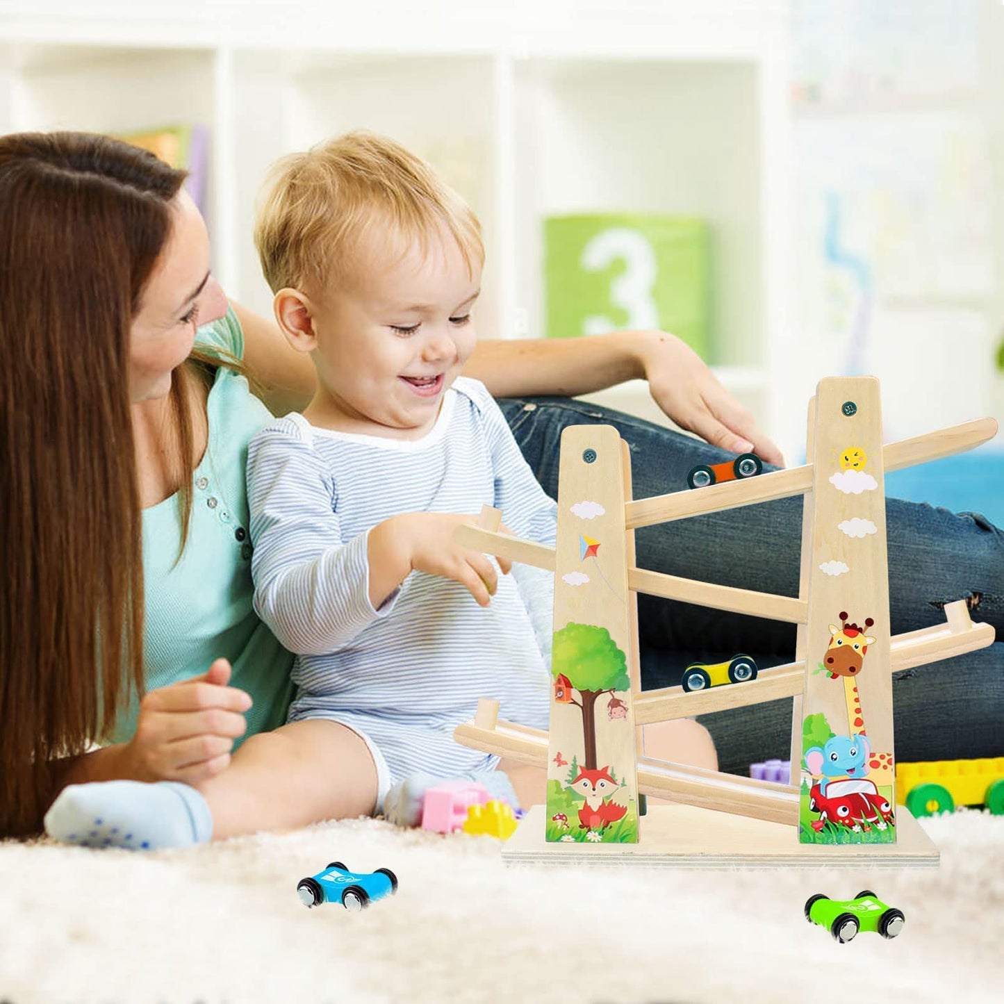 Wooden Car Ramp Toys|Zig Zag Car Slide|Toddler Toys Wooden Race Track with 4 Wooden Cars for 1 2 Year Old Boy Gifts Green