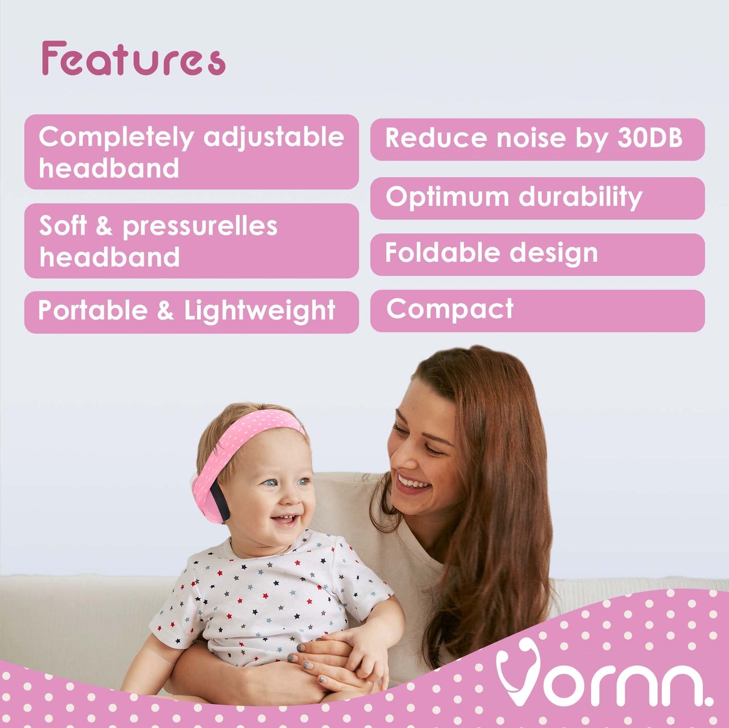 VORNN Baby Ear Defenders for 0-36 Months - CE and UKCA Certified, Soft and Adjustable - Infant Noise Cancelling Defenders, Pink Ear Muffs