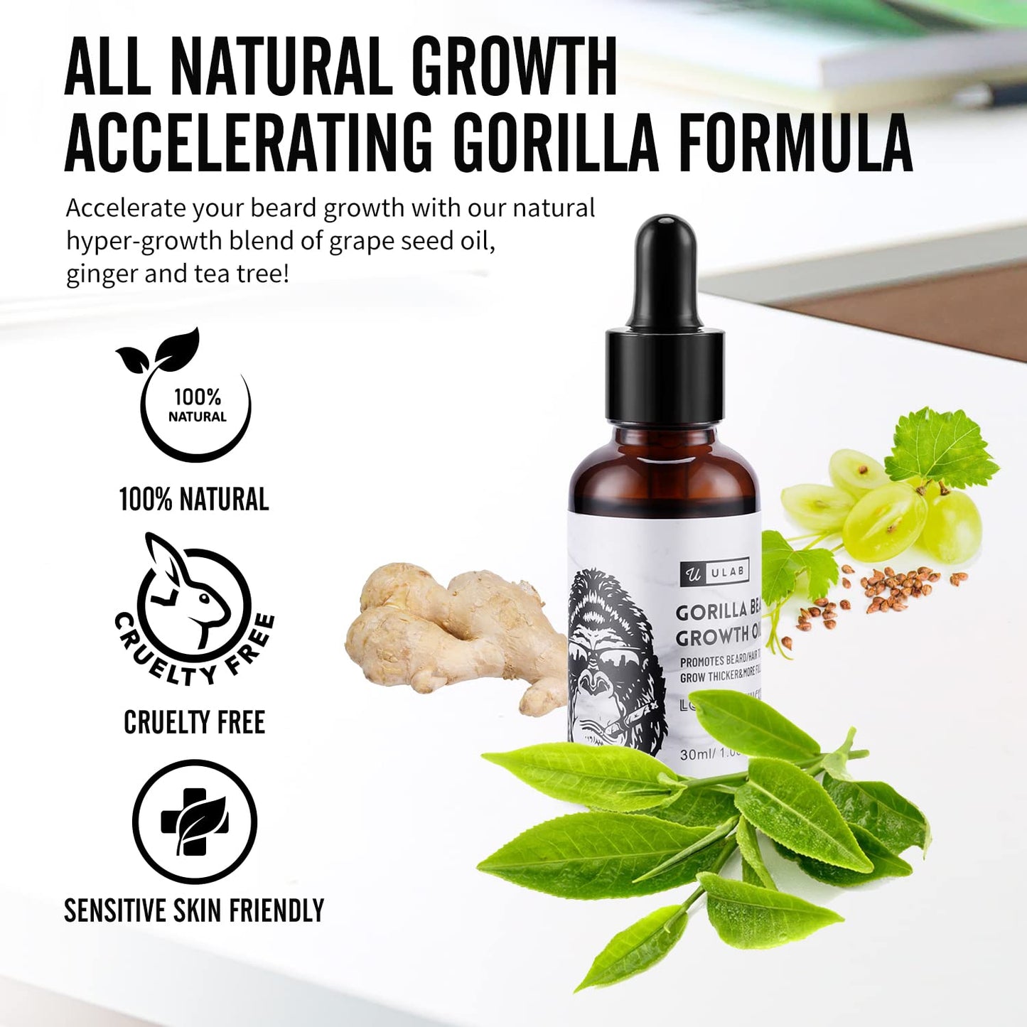 uLab Gorilla Beard Oil for Hair Growth, Mens Natural Daily Hair Growth Oil Formula for Beards and Facial Hair, 30ml