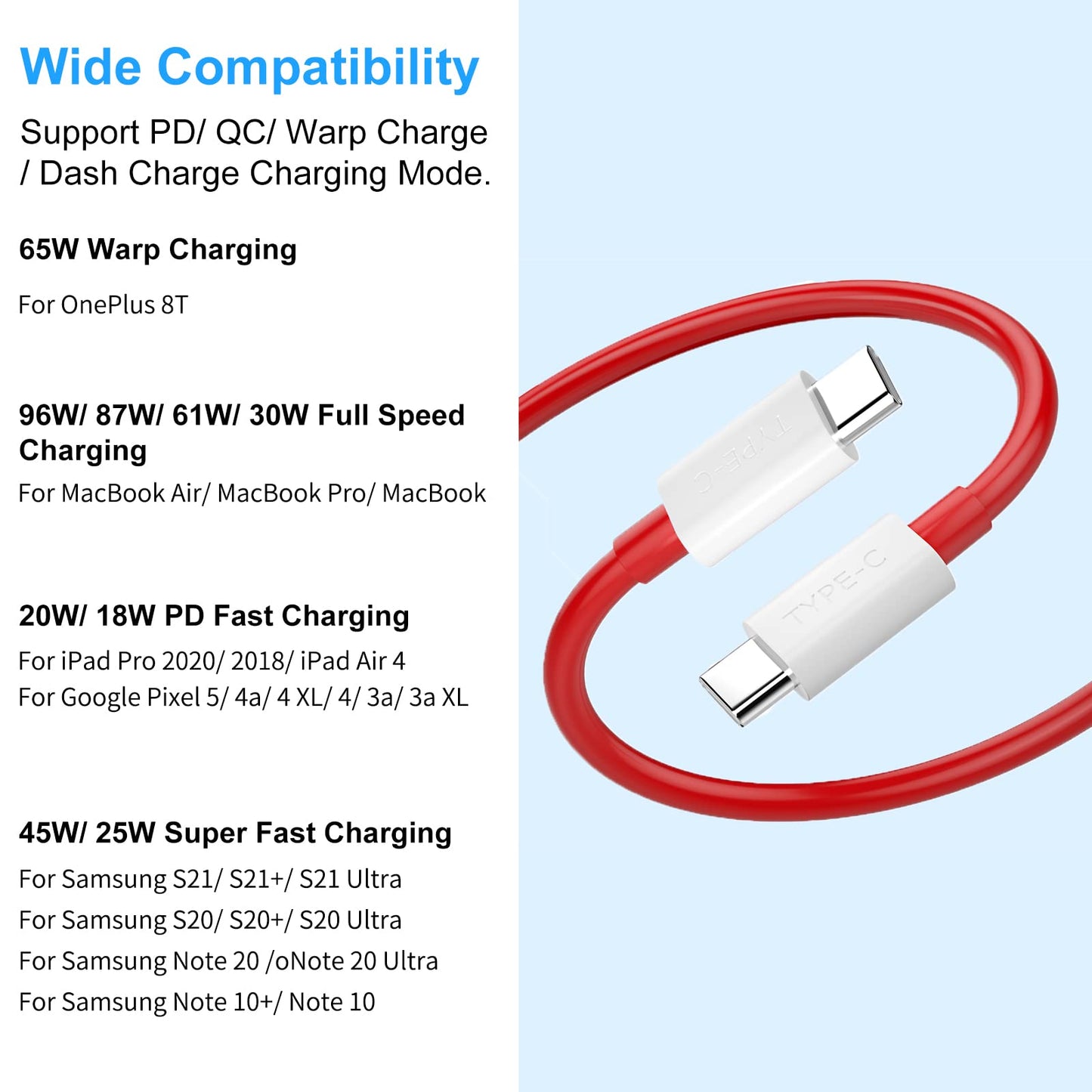 USB C to USB C Cable 2 Pack 2m Warp Charge 65W USB C Charging Cable PD Fast Quick Charger Cord for iPhone 16 Pro Max 15 Plus for OnePlus 10T 9 8 for Samsung S25 S24 S23 Galaxy Flip S22 S21 Pixel 6 7 9