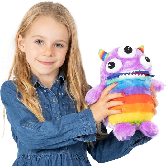 Worry Yummy Children's Monster Soft Toy - 28cm (11") Soft Cuddly Toy For Kids - Boys & Girls Anxiety, Stress & Fear Reducing Sleep Companion - Purple 'Zipper' Purple (Zipper)