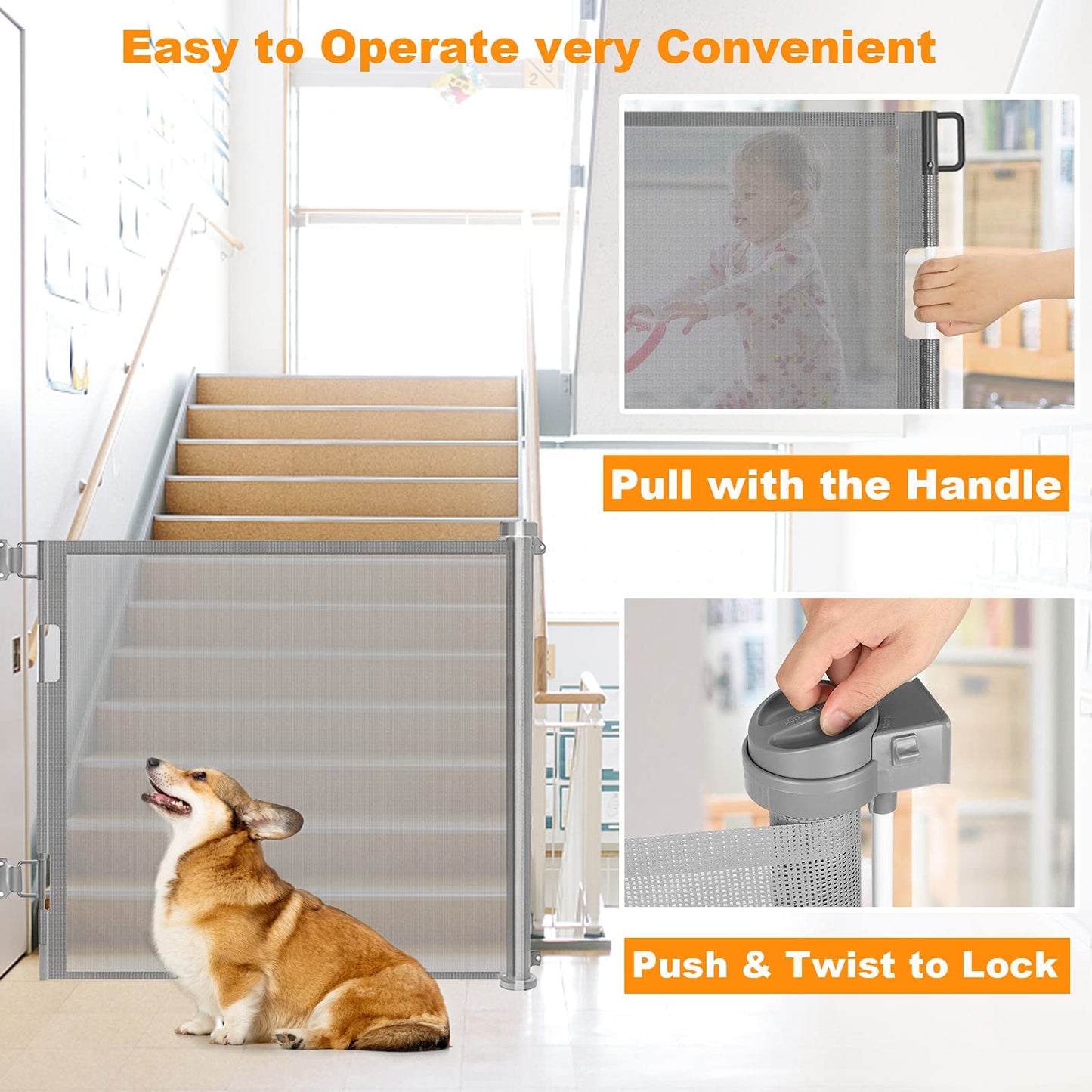 Wodondog Retractable Stair Gate for Baby, Extra Wider Safety Dog Gate 150cm, 86cm Tall, One Hand Operated Baby Gate for Stairways & Hallways, Indoor & Outdoor, Grey (150cm)