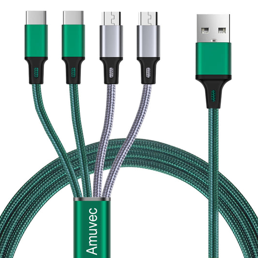 Amuvec Multi Charging Cable, [3A 1.2M] 4 in 1 Android USB Fast Charge Nylon Braided Cord with 2 Micro USB and 2 Type C Port, for Samsung Galaxy S22 S20 S9 S8 S6 S4, Huawei, Sony, Moto, Xiaomi, LG