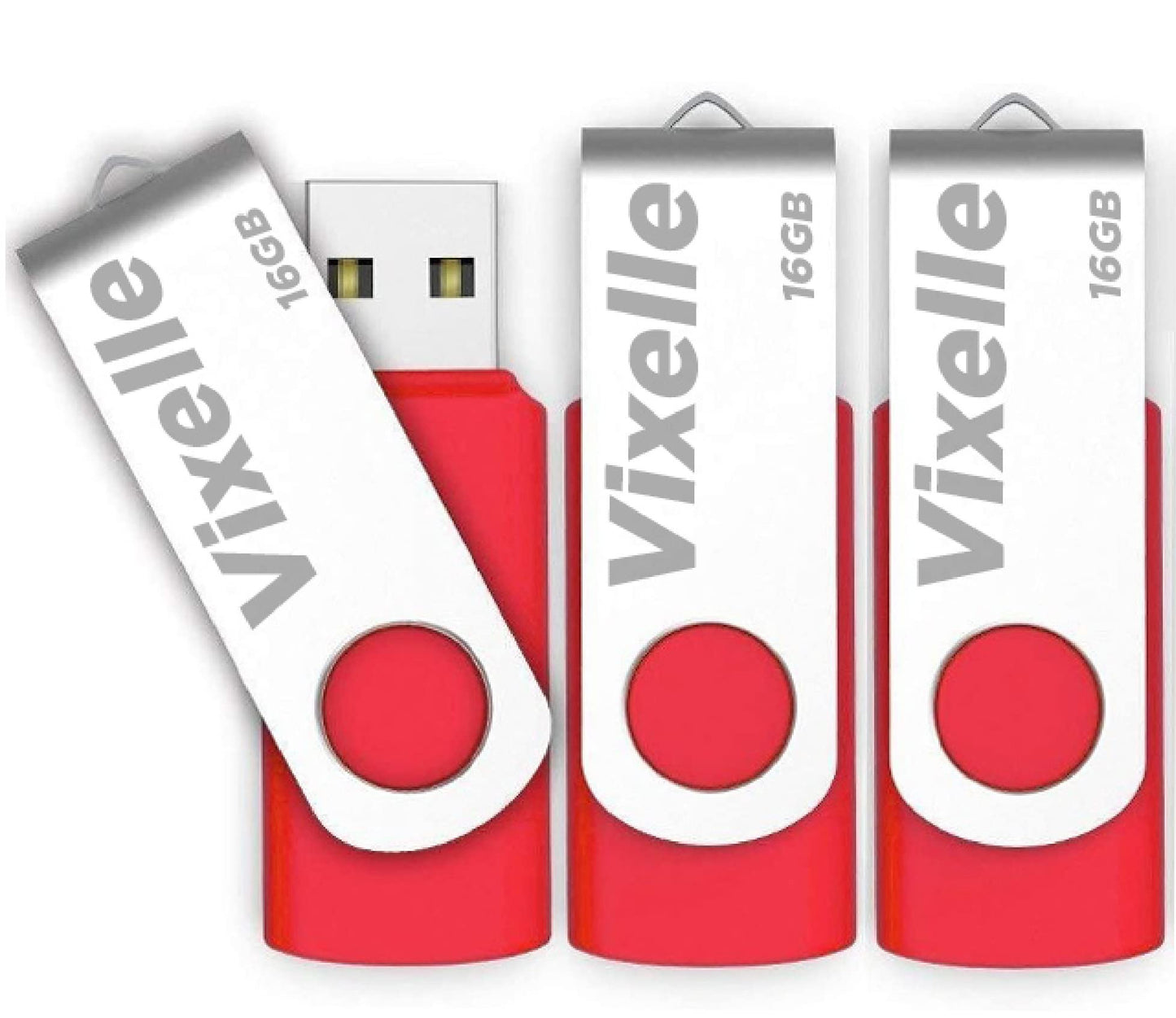 Vixelle 3 Pack 16GB High Speed USB 2.0 Flash Drives – 360° Swivel Metal Style USB Stick Pen Drive with Keychain Loop – 16GB USB Memory Sticks Bulk Pack for PC, Mac, TV, Car Audio – Red 3 Pack Red