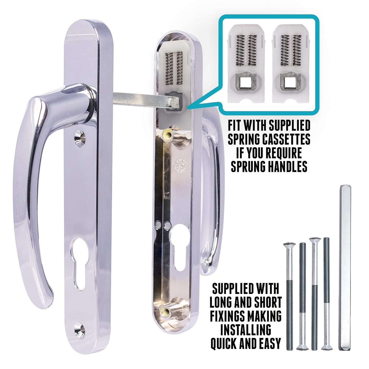 UPVC Door Handles Set - Polished Chrome - Lever/Lever - 92mm PZ (Centres) - 122mm Screw to Screw - Backplate 212mm X 34mm - UPVC Door Handle - Polished Chrome Replacement Handles - PVC Door Handle