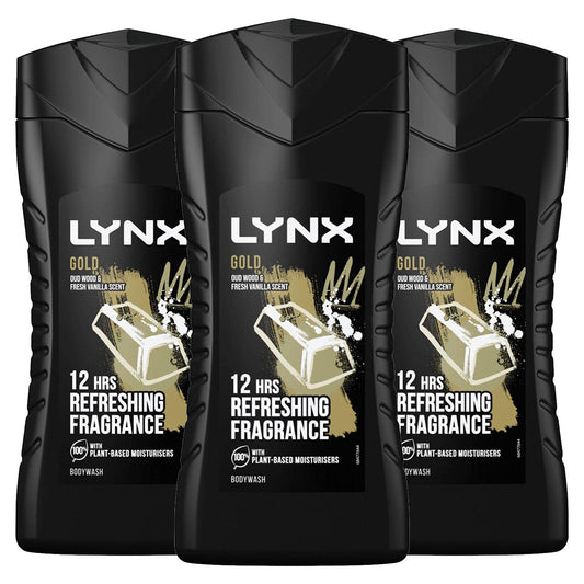 3 Pack of Lynx 12 Hour Refreshing Fragrance Gold Oud Wood and Vanilla Body wash with Plant-based Moisturisers & Dual Action Power, Keep Smelling Irresistible! 225 ml (Pack of 3)