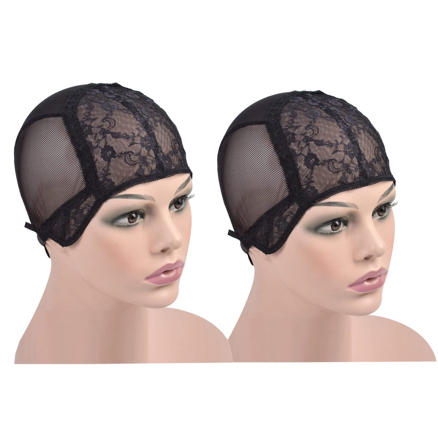 2 Pcs Black Double Lace Wig Cap with Adjustable Straps Swiss Lace Hairnet on the Back for Making Wigs (Black M) Medium (54cm)