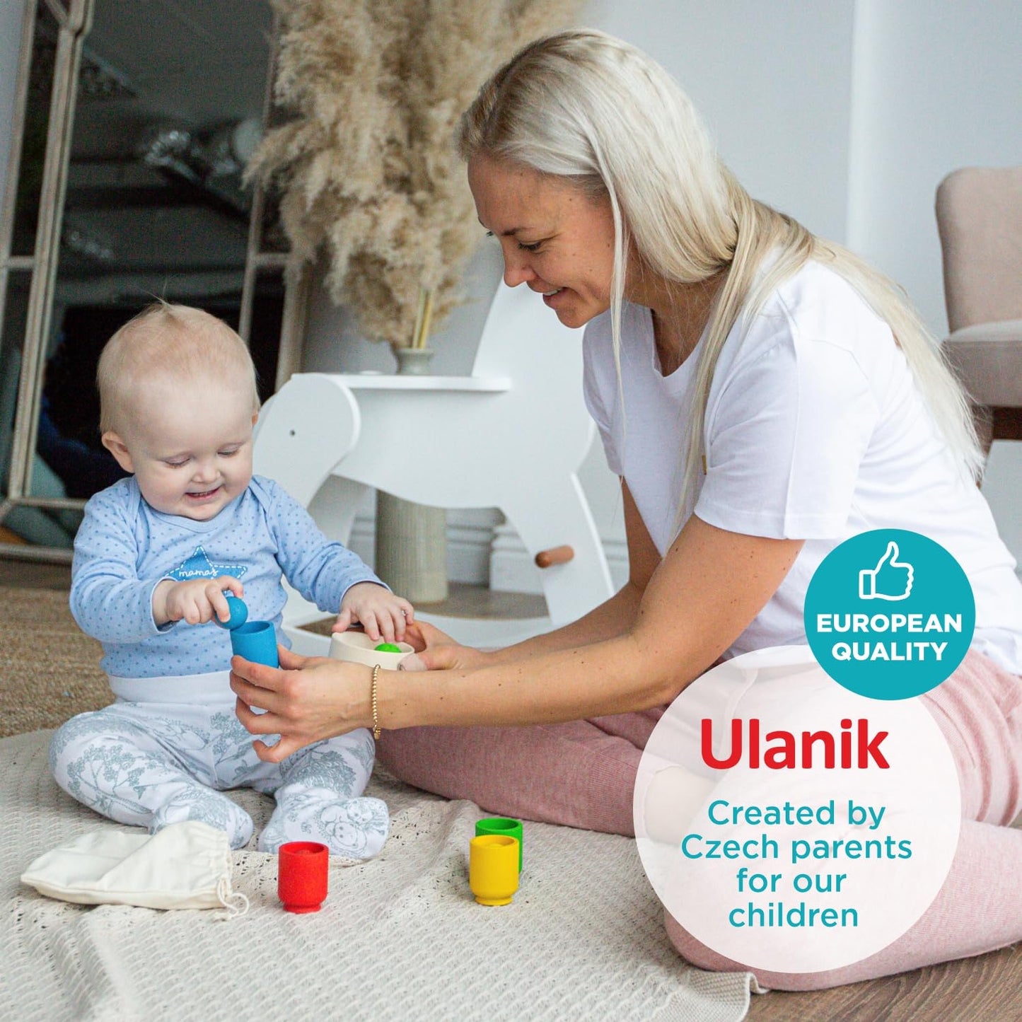 Ulanik Starter Kit Balls in Cups Toddler Montessori Toys for 1 Year Old + Baby Preschool Wooden Games for Learning Colour Sorting and Counting — 4 balls Small