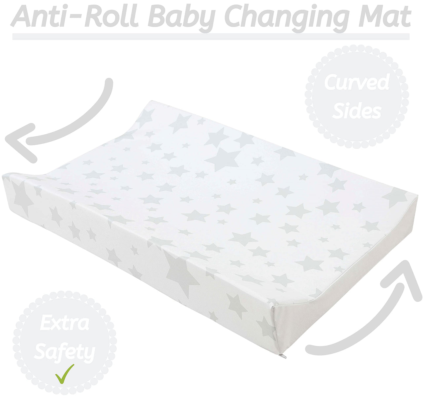 Babycurls Deluxe Anti-Roll PVC Wedge Nappy Baby Changing Mat with Curved Sides and Raised Edges for Babies from Birth Upwards Wipe Clean and Waterproof 69 x 45 x 8cm (Grey Stars) Grey Stars