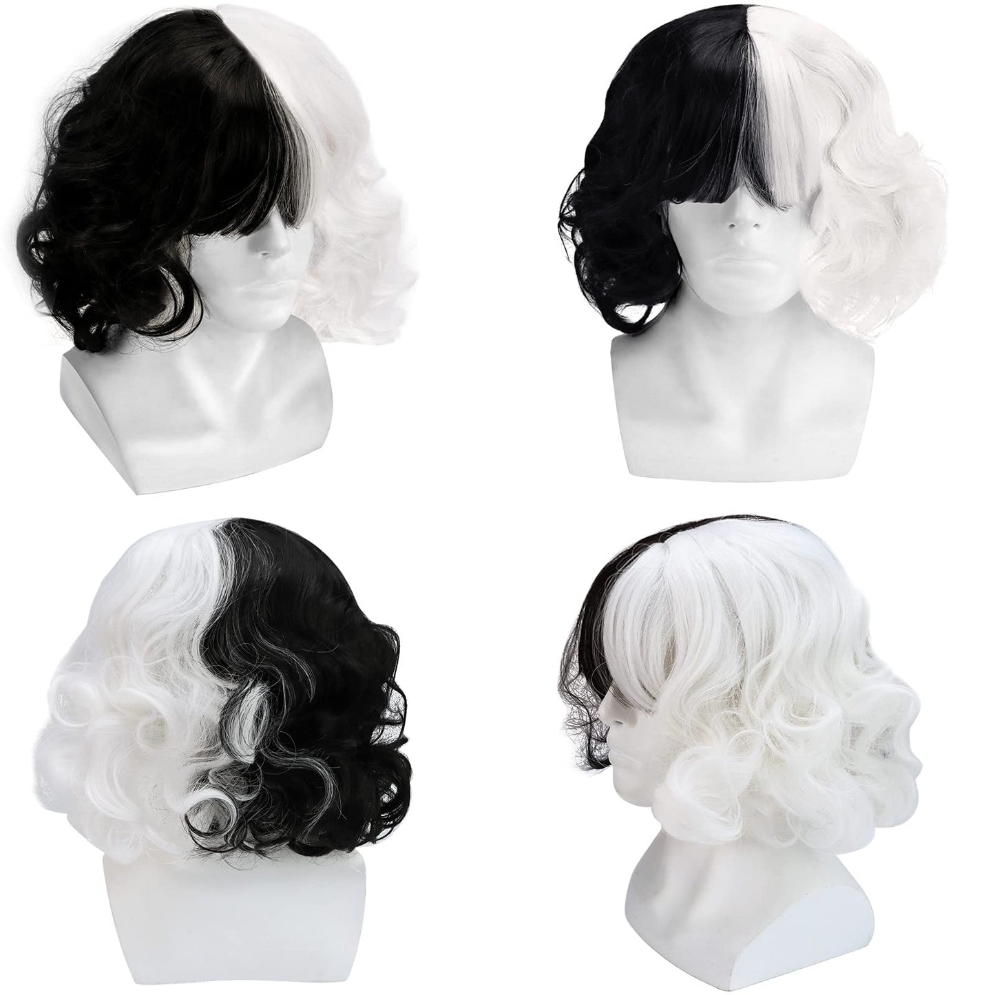 Wavy Black White Wig Two-color Wig, Half Black and Half White Short Wavy Curly Hair for Halloween Christmas Carnival Party and Cosplay Party Costume Accessories