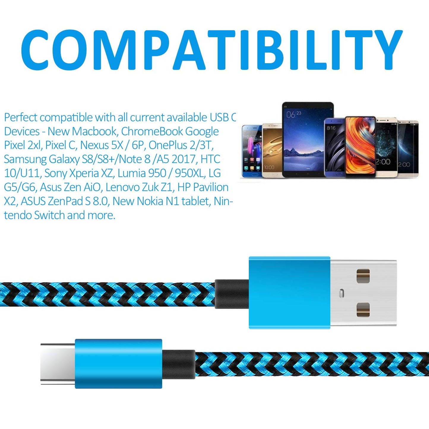 AWINBOW USB C Cable, (5 Pack/2M) USB Type C Fast Charging Cable - Nylon Braided USB C Sync Cable for Galaxy S10/S9/S8+/S8, MacBook, Sony XZ, HTC 10, OnePlus 5T, Huawei P9 etc. Smartphone