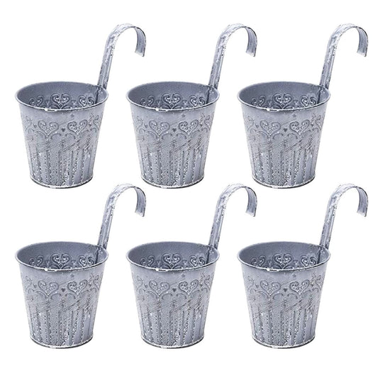 WAIZHIUA 6Pcs Vintage Hanging Flower Pots, Old Metal Iron Hanging Plant Pots Buckets with Hook for Fence Balcony Garden Wall Home Decor Outdoor Patio, Without Drainage Hole (Gray) Grey