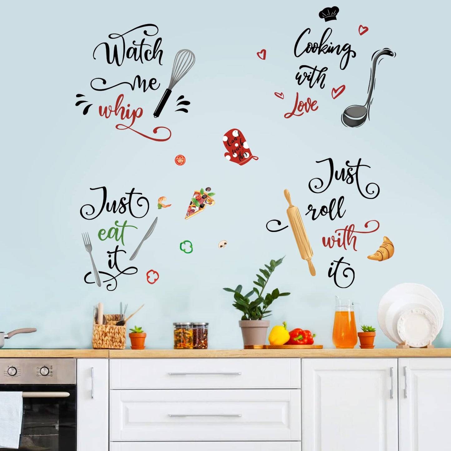 wondever Kitchen Food Wall Stickers Kitchenware Lettering Peel and Stick Wall Art Decals for Cupboard Dining Baking Room Restaurant