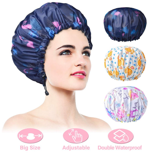 3 PCS Adjustable Shower Caps, Double Layer Waterproof Bathing Cap for Shower, Extra Large Reusable Hair Cap for Women, Waterproof Exterior & EVA Lining, Oversized Design for All Hair Lengths/Style Dark