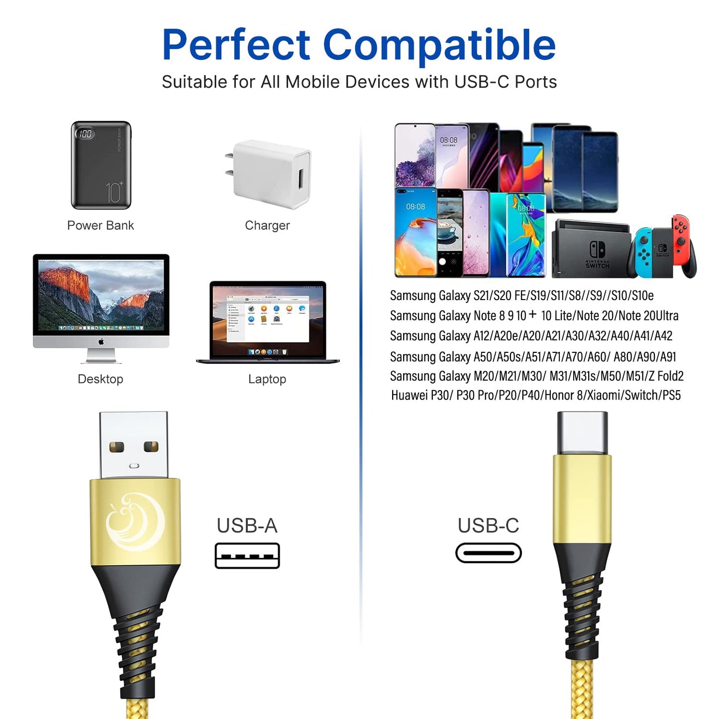 USB C Charger Cable,2M 3Pcak USB to USB C Type C Charger Cable Fast Charging Lead Nylon Braided for Samsung Galaxy Flip S24 S23 S22 S21 S10 S9 A55 A54 A15 A14,Pixel 8 7 6,Huawei P30,iPad,Swtich,Etc. 2M+2M+2M Multi-coloured