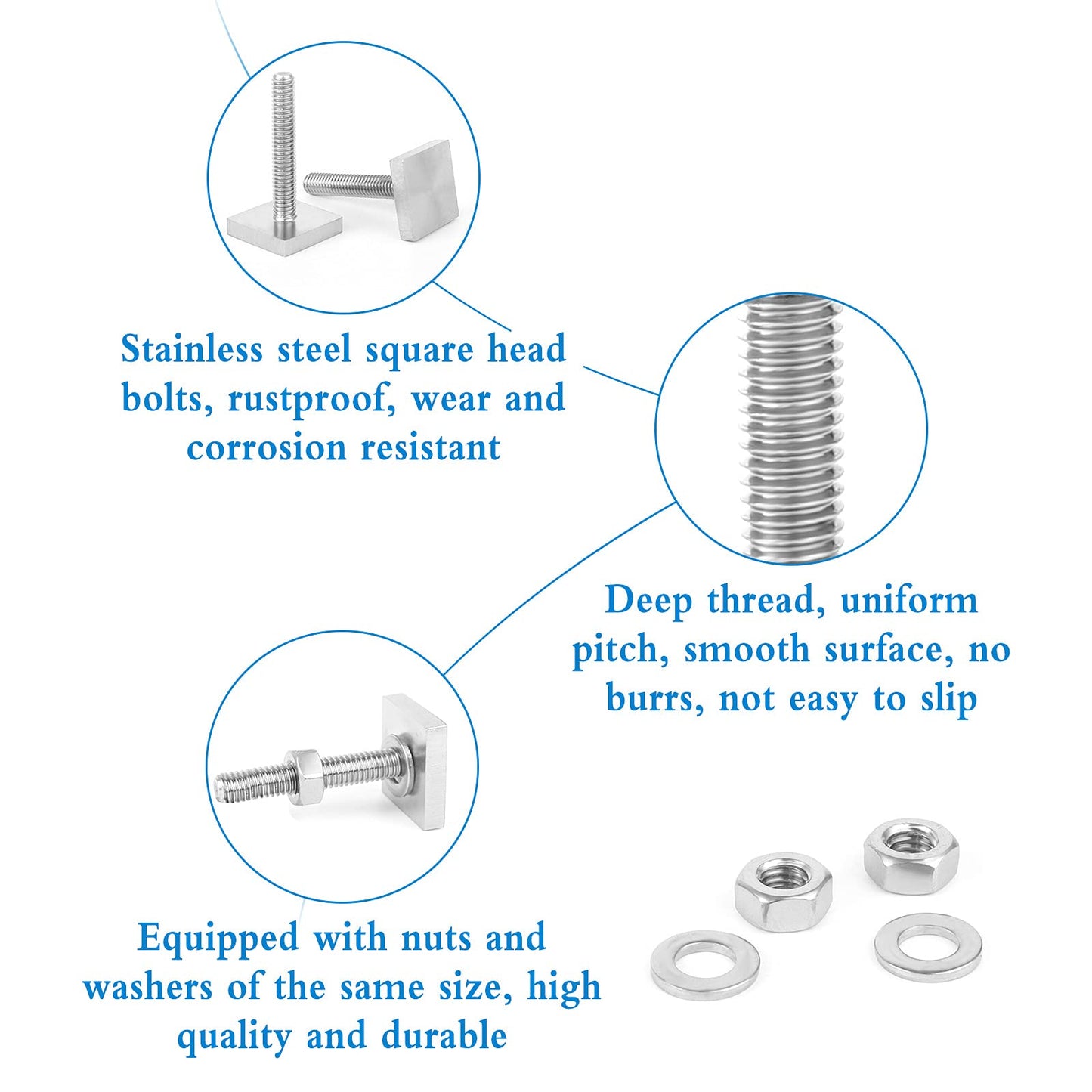 8 Pieces Roof Rack Bolts, Stainless Steel Roof Bolts M6 T Track Adapter Bolt with Nut Washer 20x20mm Square Sliding Blocks for Roof Rack Rail Carrier