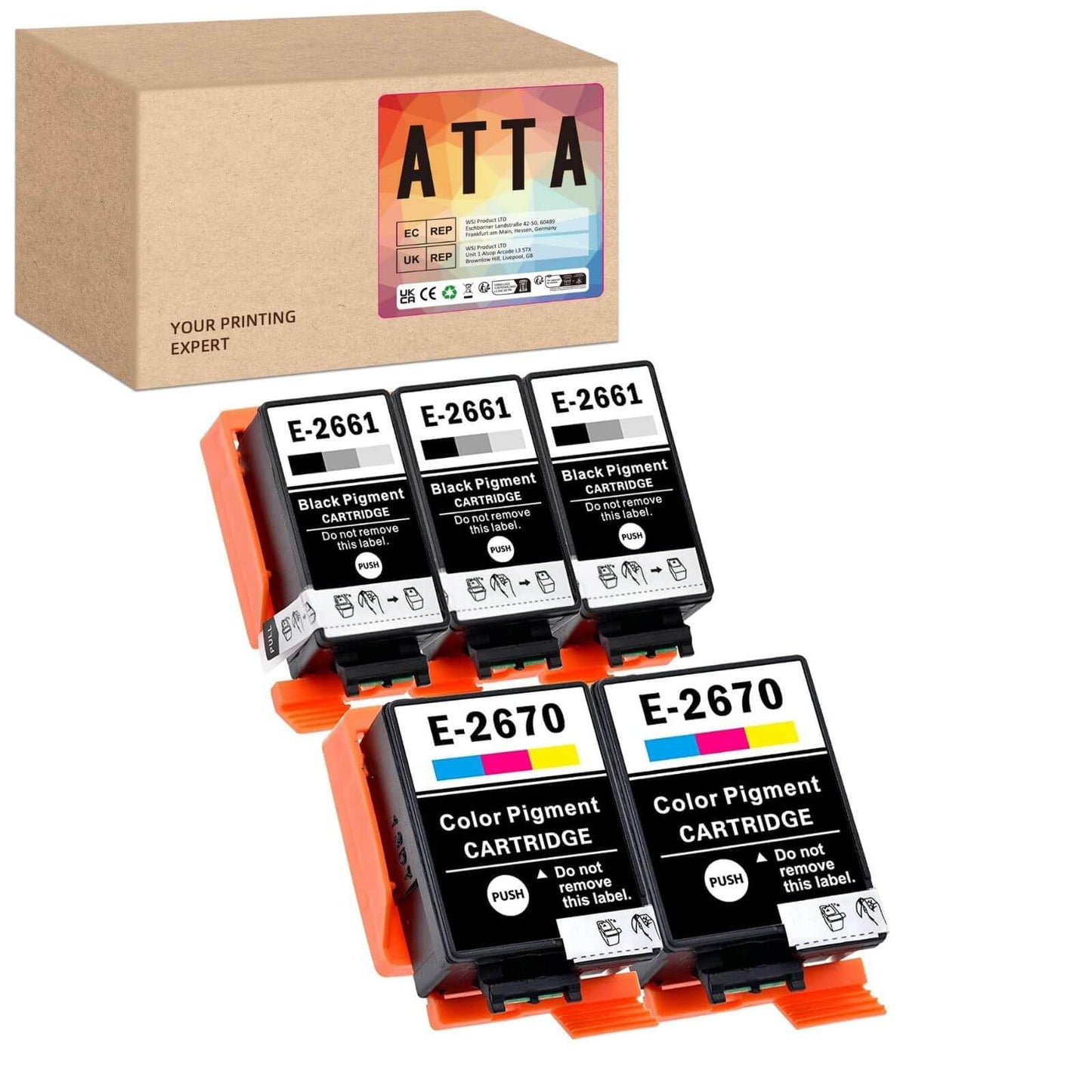 ATTA Compatible Epson 266 & 267 Ink Cartridges, 2661 T2661 T2670 Work for Epson Workforce WF-100W WF-110W Printer with Pigment Ink (3 Black+2 Colour) 3 Black+2 Colour