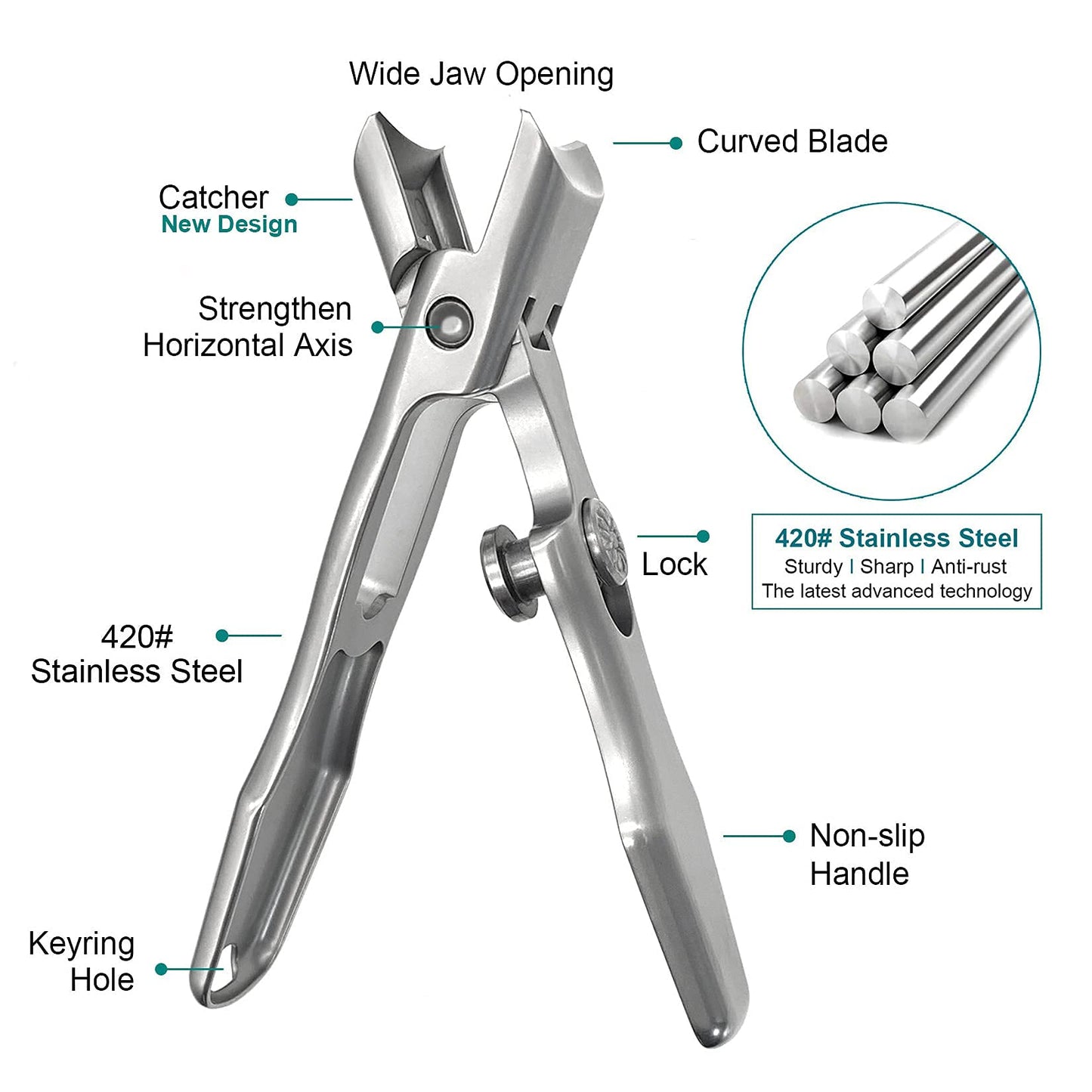 VOGARB Nail Clippers for Thick Nails Large Wide Jaw Opening Toenails Clippers Long Handle Heavy Duty Portable Ultra Sharp Fingernail Clipper with Catcher for Men Seniors Adult Women (Silver) Silver