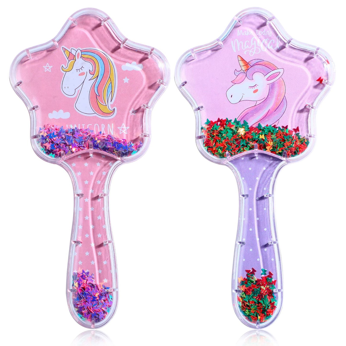 2 Pack Girls Hair Brush Set, Toddler Hair Brush, Cartoon Unicorn Sequin Airbag Comb, Tangle Tamer Hair Brush Set Suitable for Curly Straight Long and Short Hair of Children and Girls (Pink, Purple) Pink, Purple