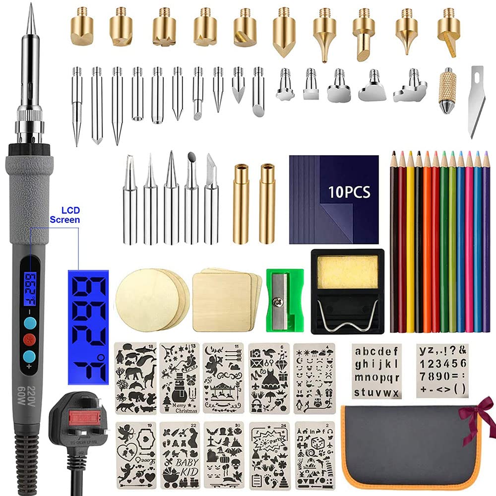 Wood Burning Kit 77Pcs, 60W LCD Adjustable Temperature Soldering Pyrography Wood Burning Set Tool Pen and Accessories,Graphics, Soldering Irons,woodburning Embossing Carving…