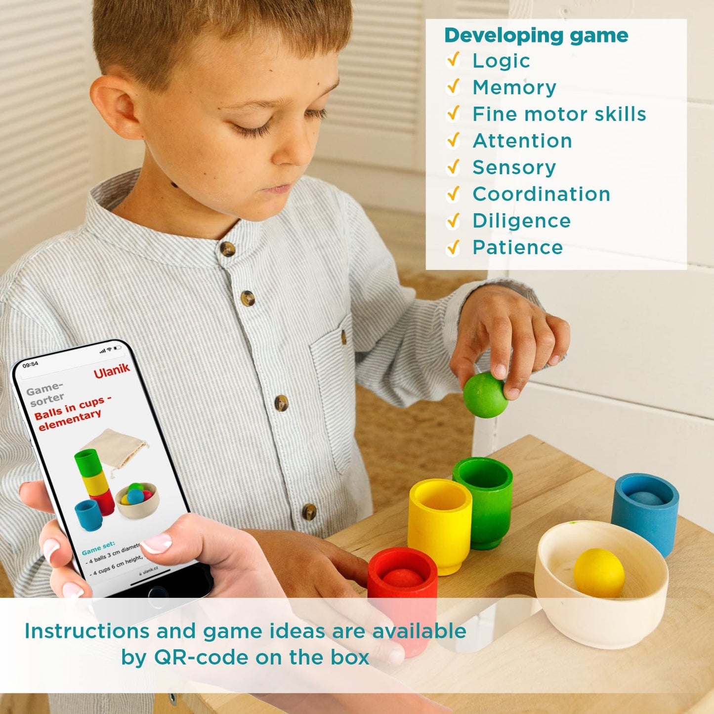 Ulanik Starter Kit Balls in Cups Toddler Montessori Toys for 1 Year Old + Baby Preschool Wooden Games for Learning Colour Sorting and Counting — 4 balls Small