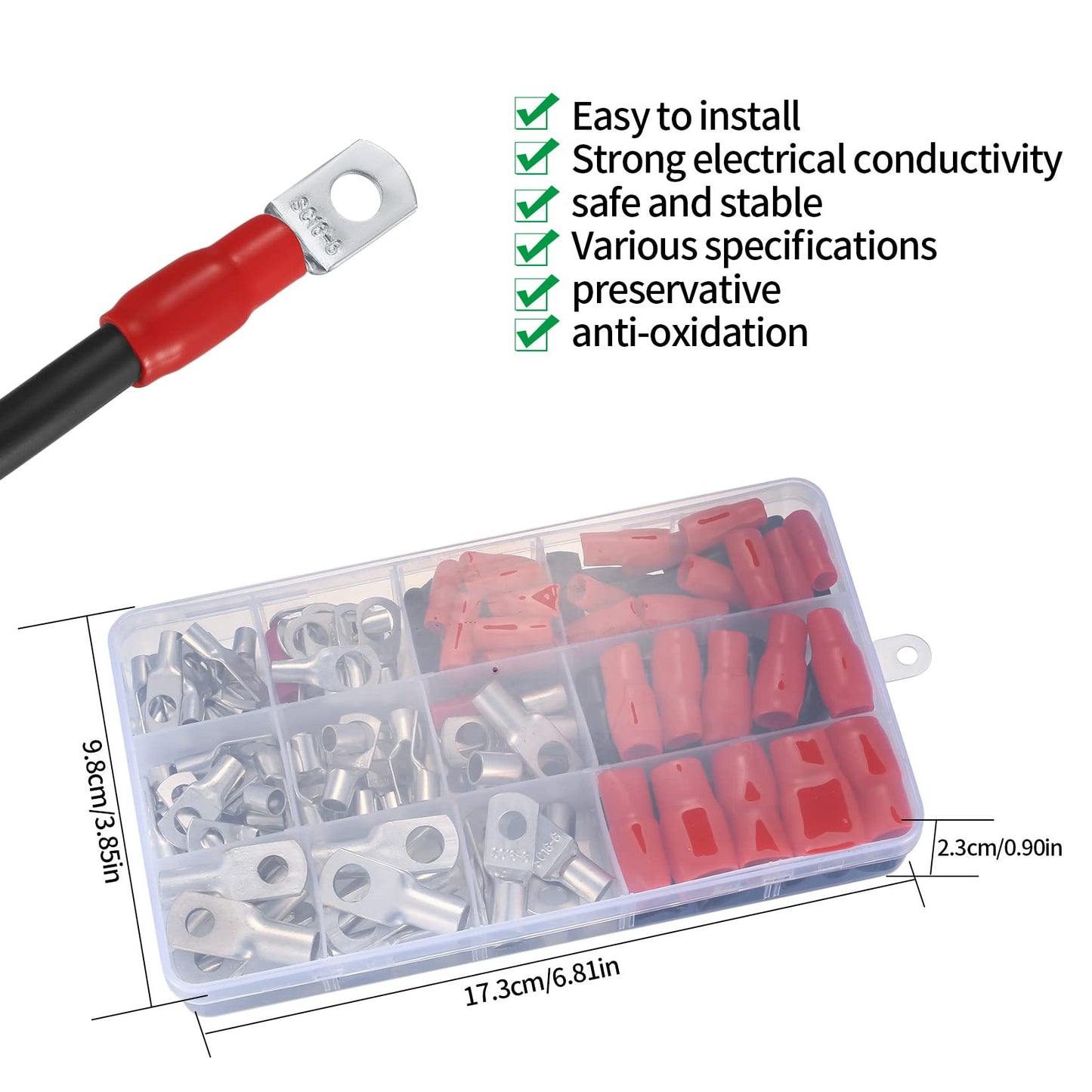 120 Pcs Bolt Hole Tinned Copper Terminals Set, Copper Ring Lug Terminals, Cable lugs Ring Battery SC Terminals Set, Wire Terminals Crimp Connector Marine Grade Cold-Pressed Crimp Type (60+60)