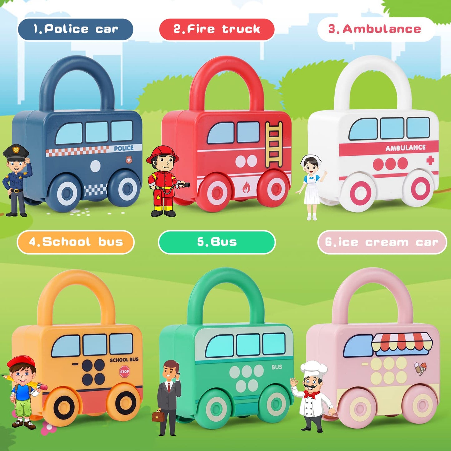 Ainiv Lock and Key Toy Montessori Toys Car-6 Car Modles, Preschool Learning Early Educational Toys, Busy Board Games for Toddlers Activity, Fine Motor Skills Toys Gift for 3 4 5 6 Year Boys Girls Kids Lock and Key Car