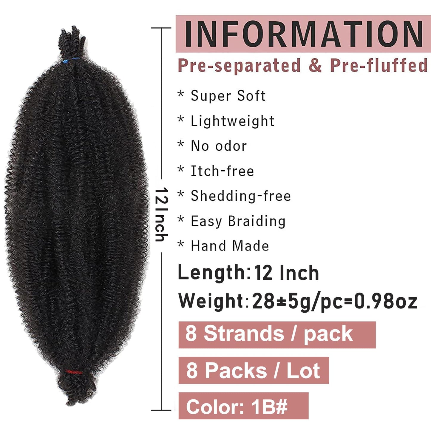 Xtrend 8 Packs 12 Inch Soft Springy Afro Twist Hair Pre-Separated Spring Twist Hair for Faux Locs Natural Black Marley Twist Crochet Braiding Hair Synthetic Hair Extensions 8 Strands/Pack 1B# 12 Inch (Pack of 8) 1B#