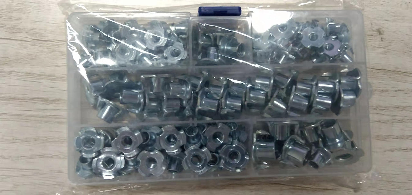 110Pcs Four-Pronged Tee Nuts Kit, T-Nuts 4 Pronged Zinc Plated Carbon Steel Threaded Insert T Nut Assortment Kit for Wood Climbing Holds Furniture (M4/M5/M6/M8/M10)