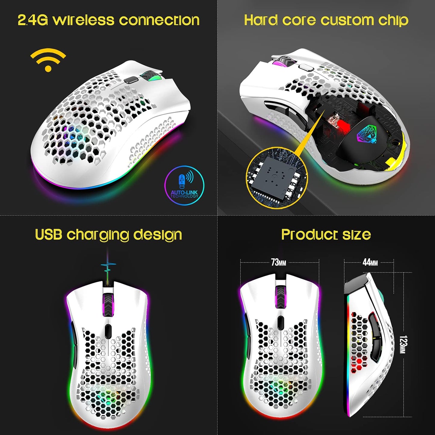 VEGCOO Gaming Mouse, Rechargeable Wireless Mouse with Honeycomb Wireless Gaming Mouse with RGB Light/Silent Click/Adjustable DPI, Optical Computer Mouse for Laptop PC Computer C23WT-UK