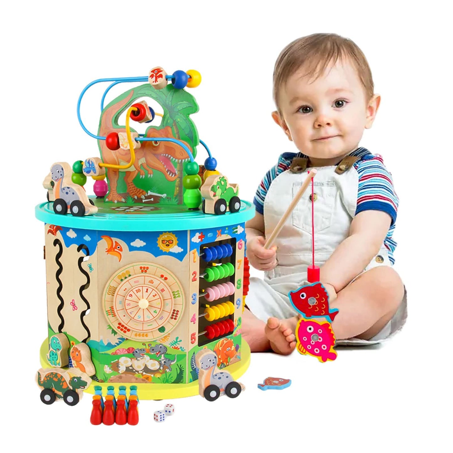 Wooden Activity Cube Toy 12 in 1 Wooden Shape Sorter Baby Activity Centres Bead Maze Abacus Puzzle Gear Counting Clock Fishing Ludo Dinosaur Track Car Montessori Toys for 3 4 5 6 7 Boy Girl Toddler