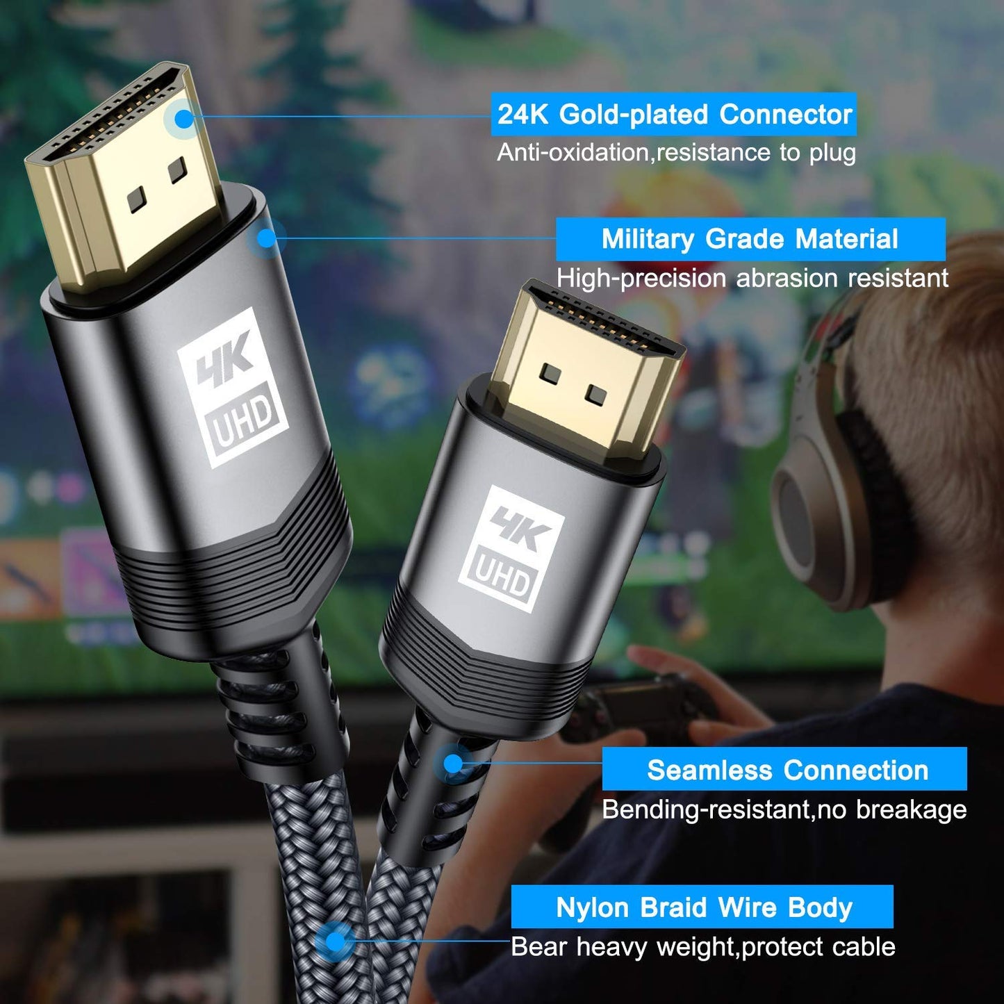 4K HDMI Cable 15M, AviBrex HDMI 2.0 Cable High Speed 18Gbps Nylon Braided HDMI Lead Support 4K@60Hz 2K@144/165Hz,2160p,1080p,3D,HDCP 2.2,ARC Compatible TV,Blu-Ray,PS4/5,Xbox,Projector,Soundbar,PC-Grey Grey