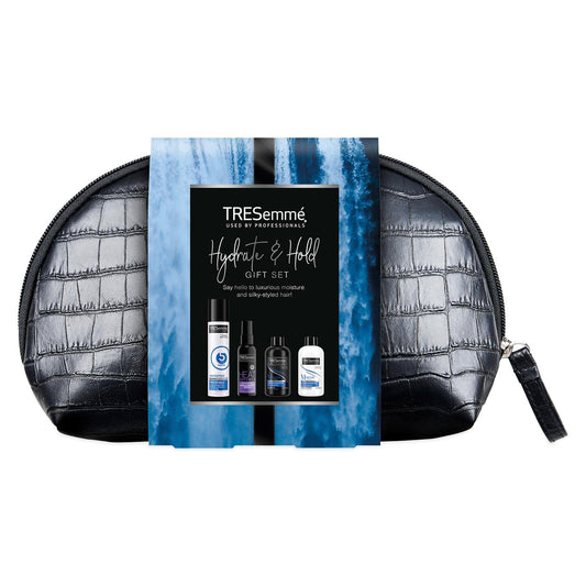 TRESemmé Perfect Hair On-The-Go including Freeze Hold Hairspray with a small faux croc black wash bag Festive Gift Set for Women 4 piece