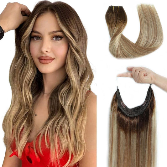 Ugrace Hair Extensions Clip in Real Human Hair Balayage Light Brown to Ash Brown and Bleach Blonde 16 inch 80g Secret Fish Line Straight Clip in Human Hair Extensions for Women Multicolour T4/P10/613