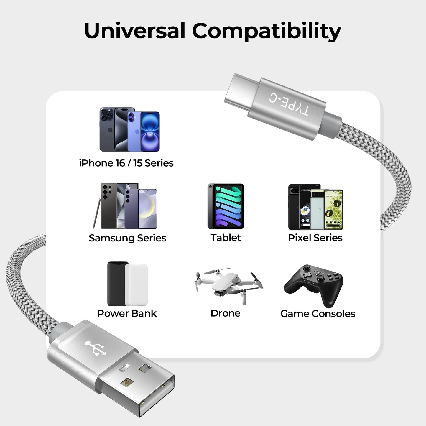 BASESAILOR USB to USB C Charger Cable 3M/2Pack,Long USB Type C Fast Charging Power Lead for iPhone 15 16 Plus Pro Max,iPad 10 10th,Mini 6 6th,7 7th Generation,Samsung Galaxy S25 S24 S23,Z Flip Fold Silver