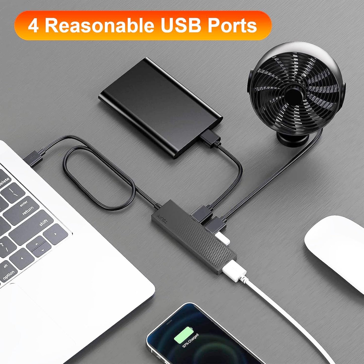 USB Hub, TSUPY USB Port Hub with 65cm USB Extension Cable 4 USB Adapter USB Splitter USB Multiple Connector USB Extender for Desktop Computer PC, PS4, Laptop etc 65cm Cable