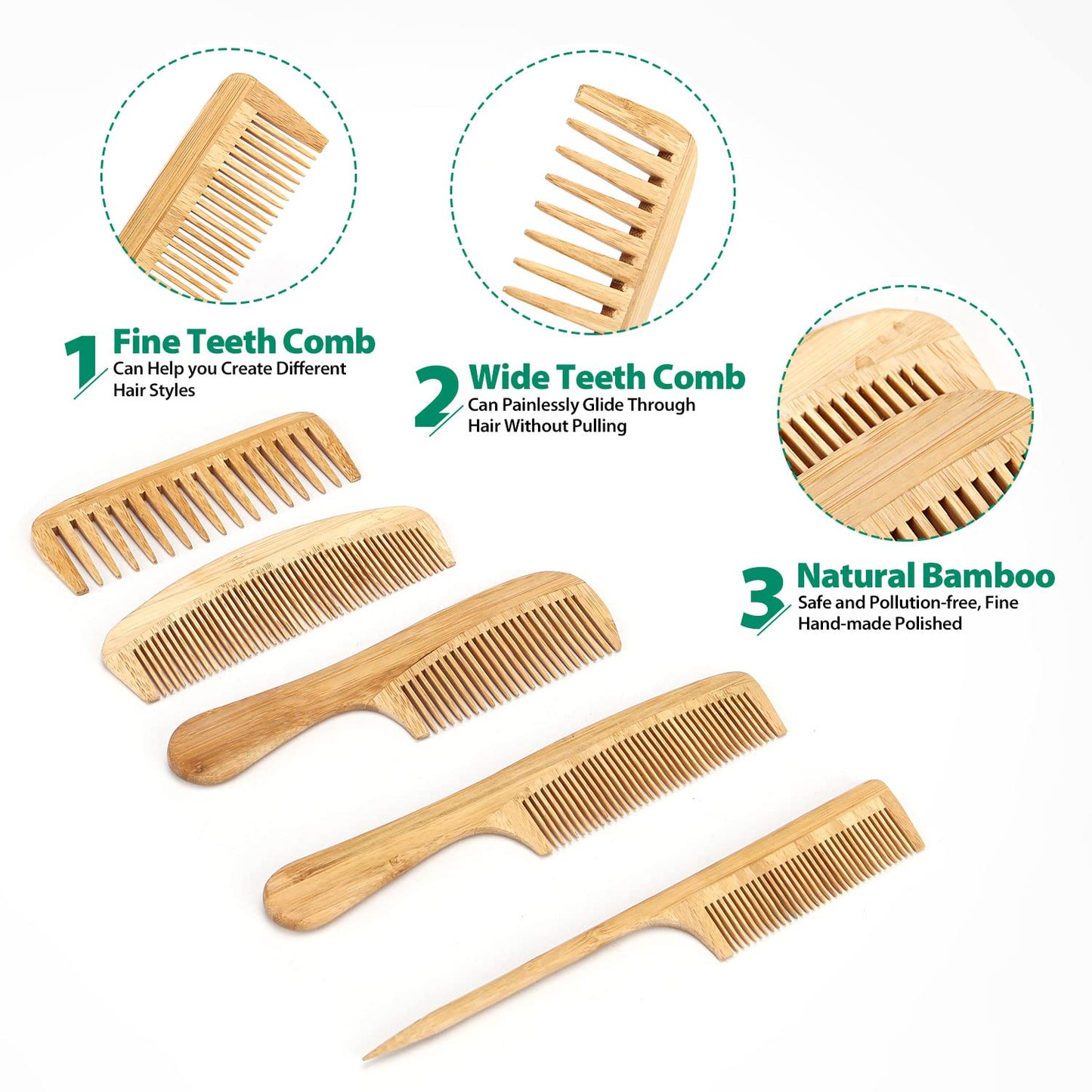 5 Pcs Comb set for Women Men Natural Handmade Bamboo Anti-Static Wide Tooth Comb Tail Combs Fine Tooth Combs Set for Long Short Thick Thin Wavy Curly Hair Hairdetangling Comb… (Natural)